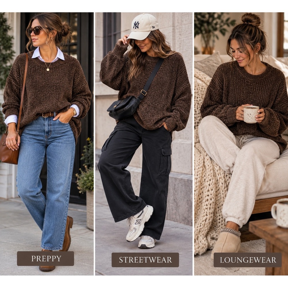 Brandini Brown Chenille Knit Sweater Unisex Ribbed Crewneck Oversized Cozy XL